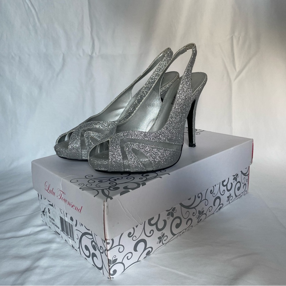 Lulu Townsend LT NATASHA Women's Size 8 Silver Shimmer Slingback Heel Peep Toe